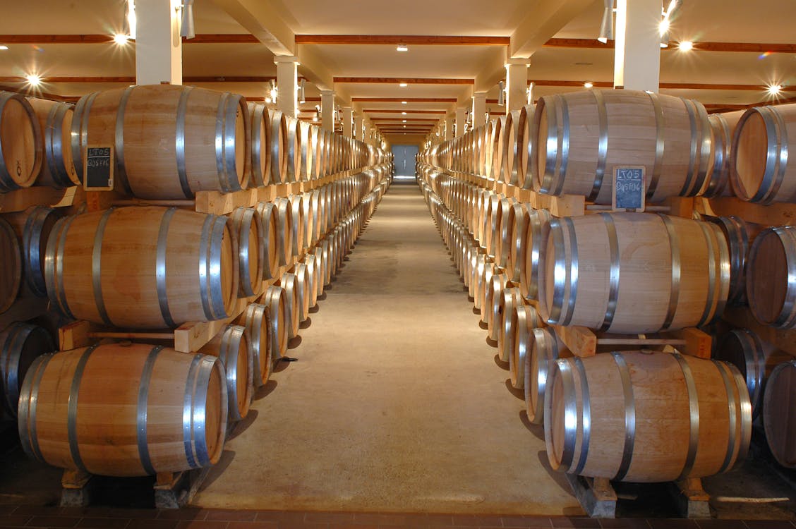 Wine barrels arranged in rows inside a stone cellar